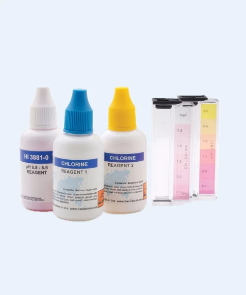 Essential chemicals and pool sanitising solutions, recommended by swimming pool construction experts in Malaysia for pool maintenance.