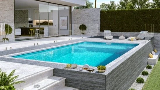 A sleek above-ground pool with quick installation and safety features, installed by a reliable swimming pool installer in Johor Bahru.